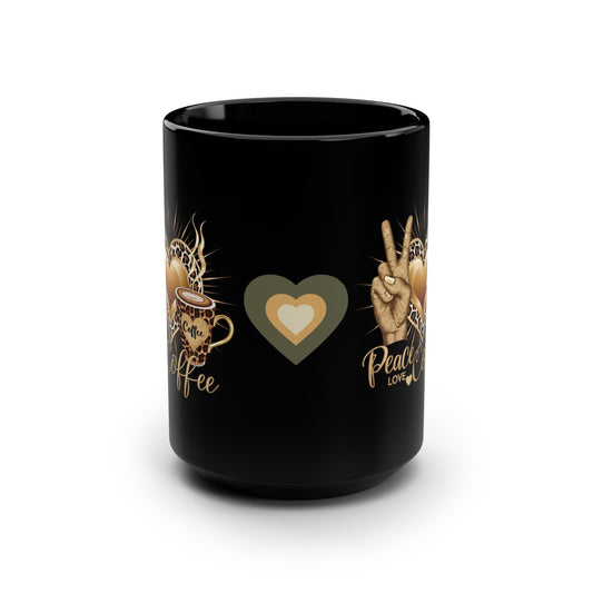 Peace • Love • Coffee – Μεγάλη Μαύρη Κούπα 15oz με Καρδιά | Cozy Coffee Gift