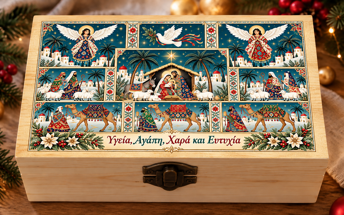 Χριστουγεννιάτικο Ξύλινο Κουτί με Φάτνη & Ευχές | 12,5 × 7 × 5 cm