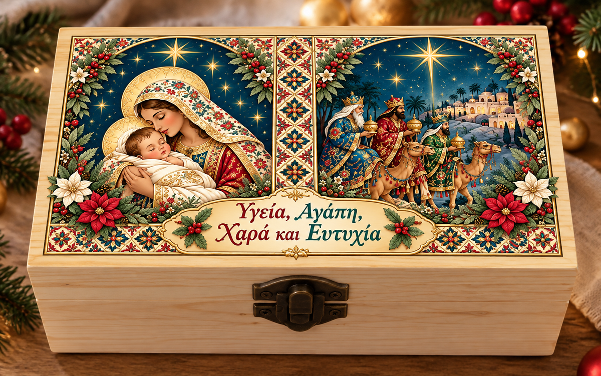 Χριστουγεννιάτικο Ξύλινο Κουτί Παναγία & Τρεις Μάγοι με Ευχές | 12,5 × 7 × 5 cm