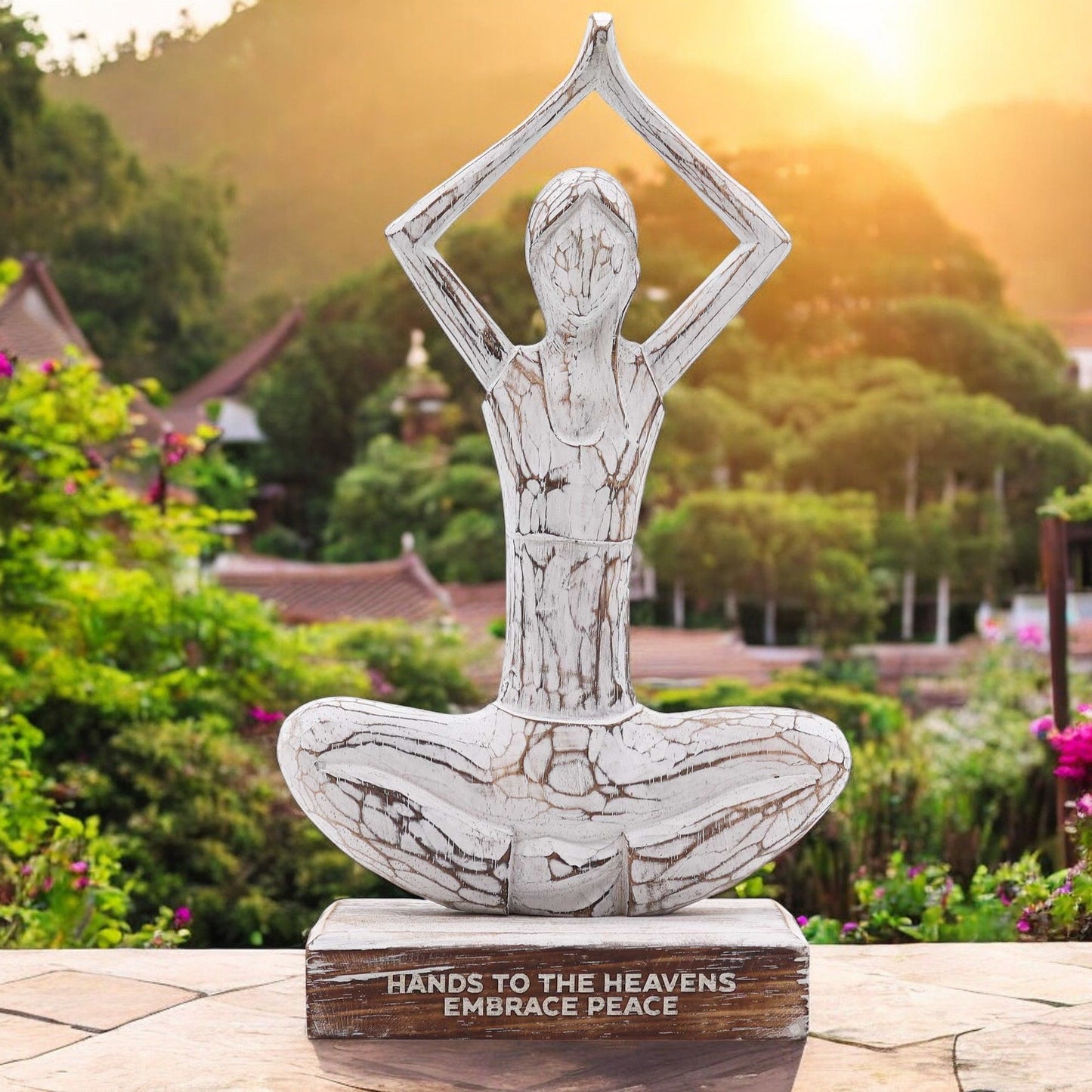 Wooden Yoga Lady – Whitewash – Hands Up Pose
