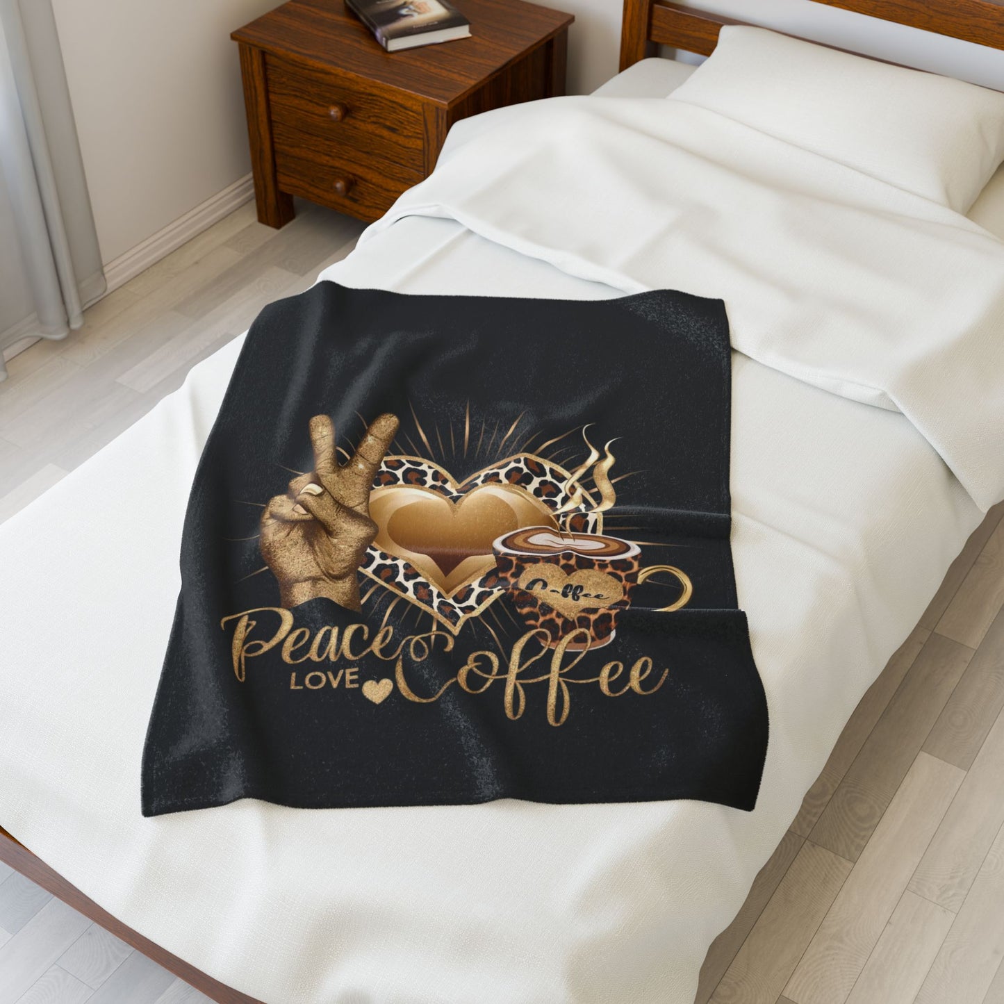 Peace • Love • Coffee – Βελούδινη Plush Κουβέρτα | Cozy Δώρο για Coffee Lover
