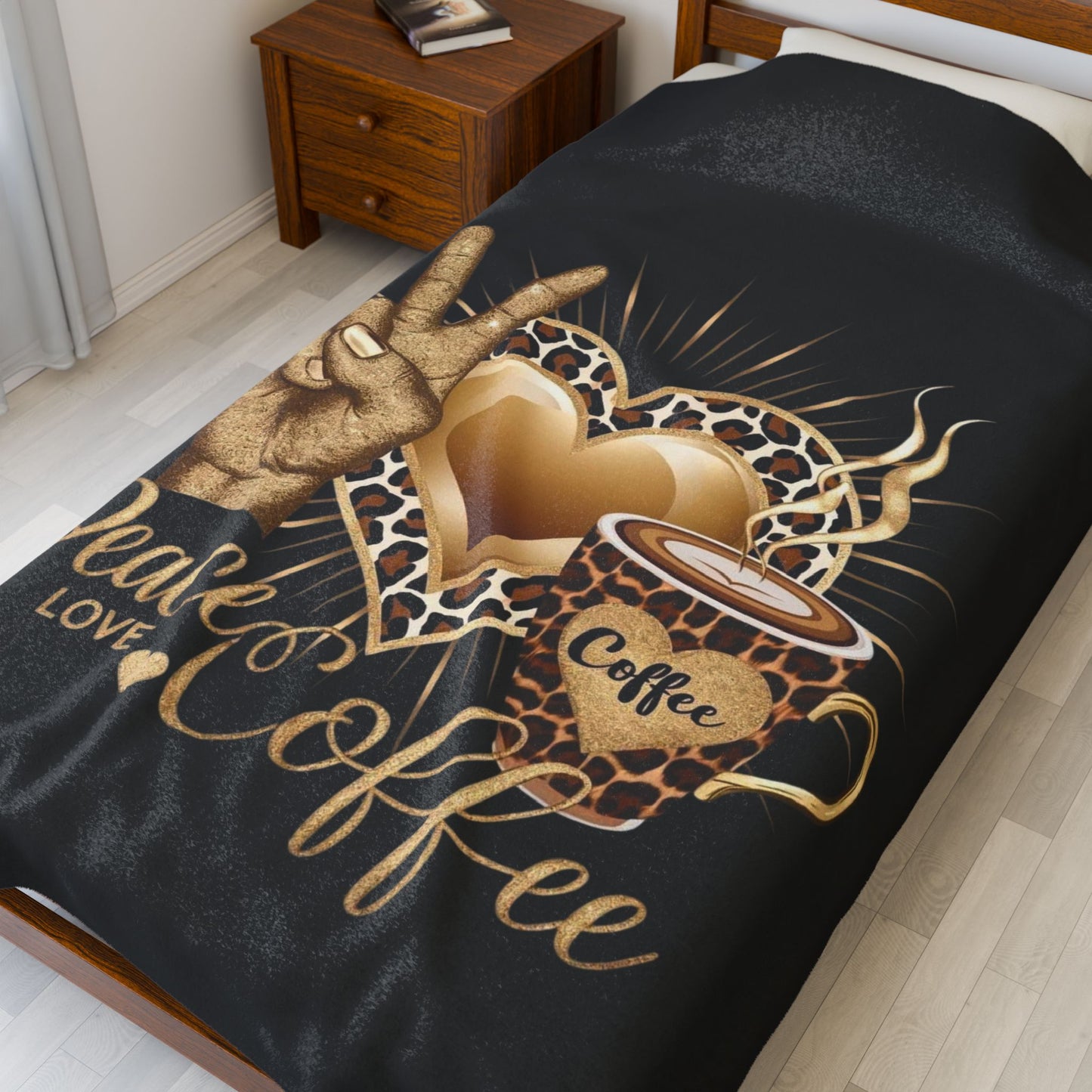 Peace • Love • Coffee – Βελούδινη Plush Κουβέρτα | Cozy Δώρο για Coffee Lover