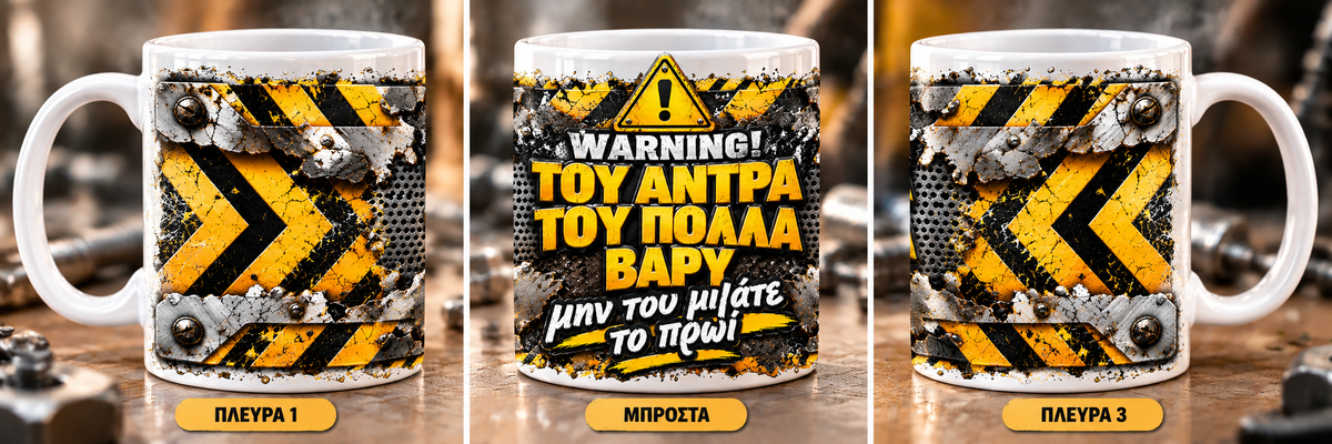 Ανδρική Κούπα 11oz «Warning! Του Άντρα του Πολλά Βαρύ» | Αστείο Δώρο