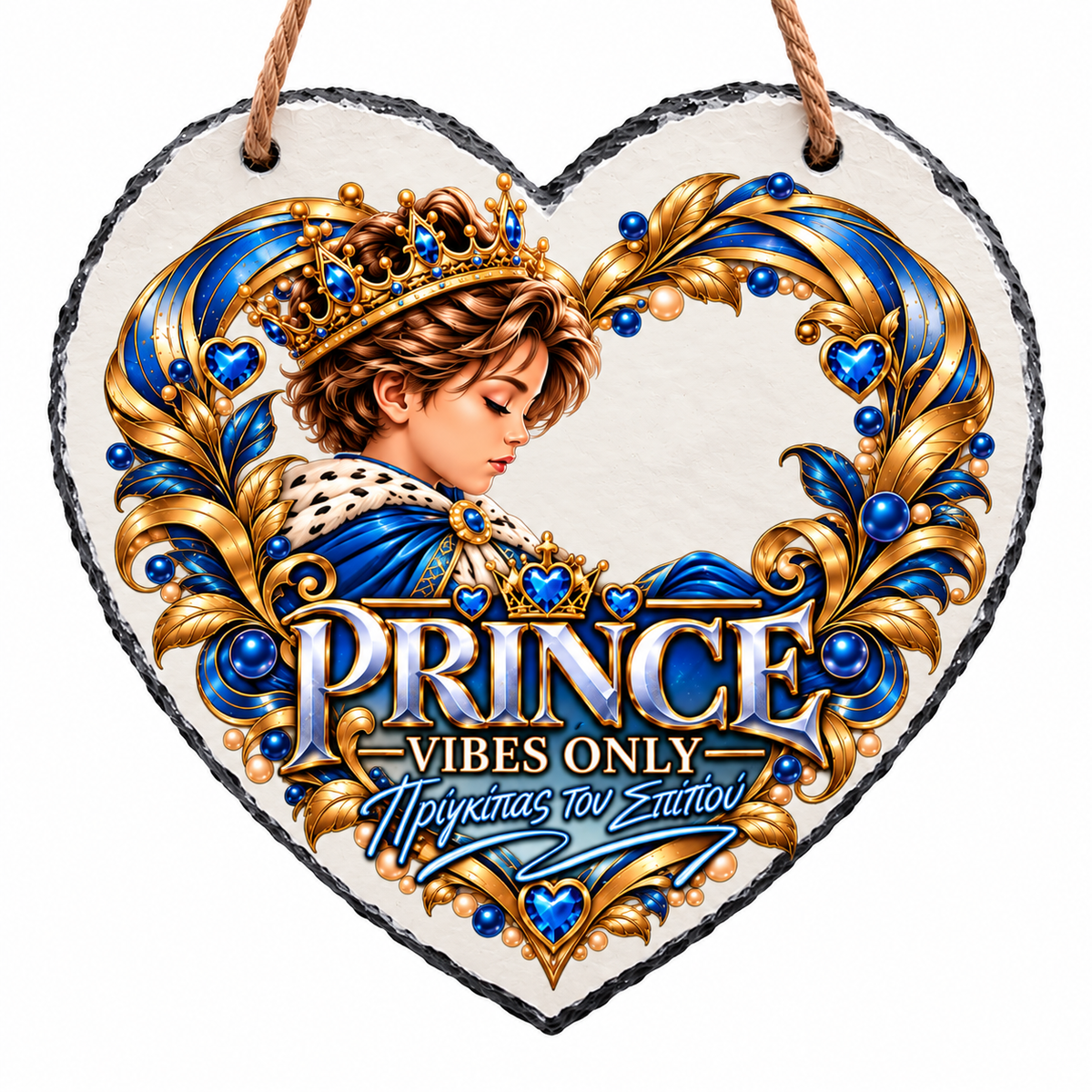 Κρεμαστή Slate Καρδιά «Prince Vibes Only – Πρίγκιπας του Σπιτιού» 20×20cm