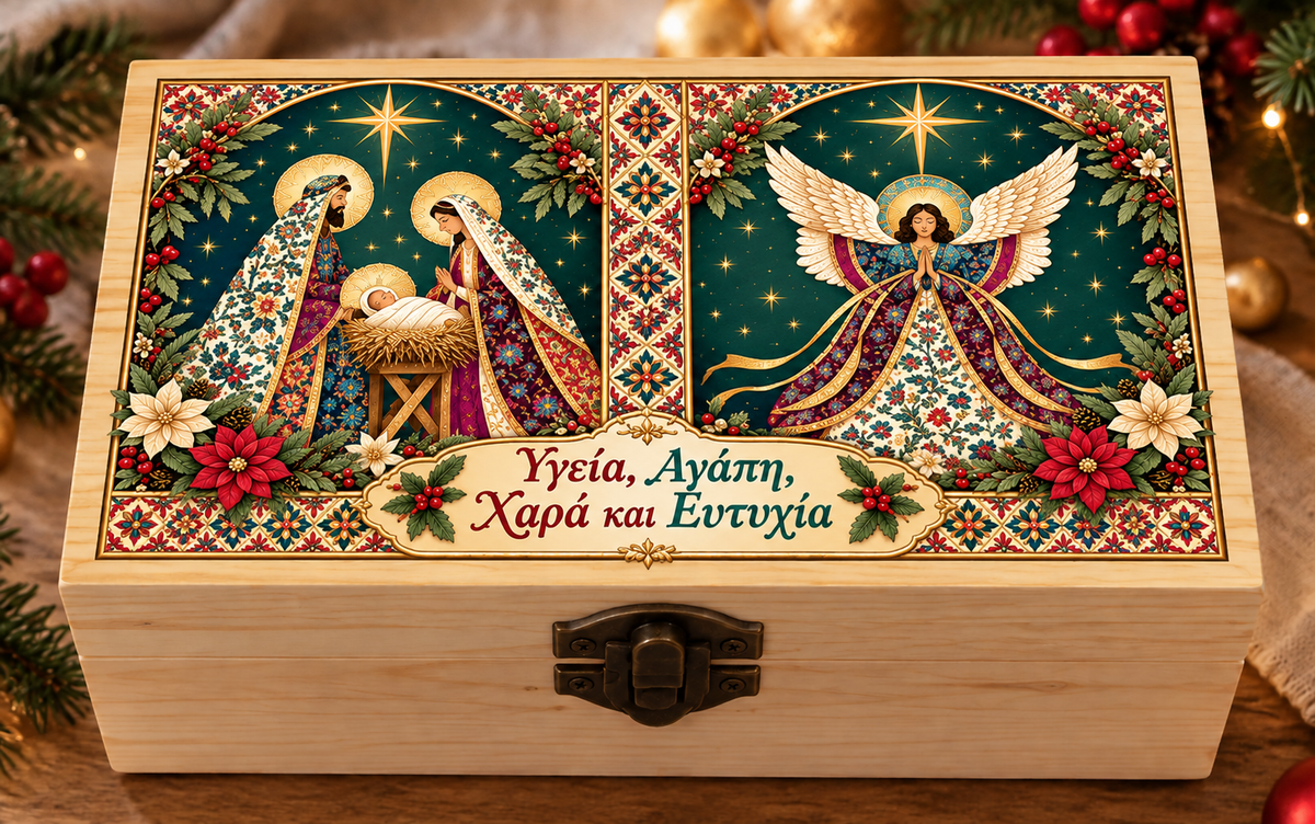 Χριστουγεννιάτικο Ξύλινο Κουτί με Αγία Οικογένεια & Άγγελο | 12,5 × 7 × 5 cm