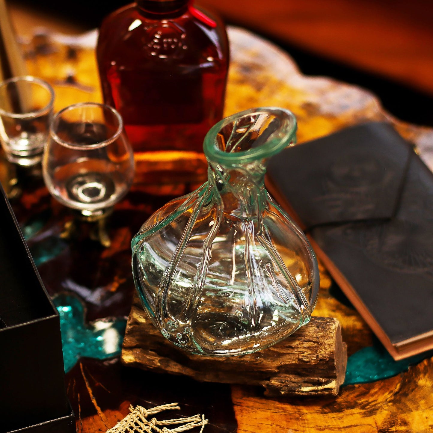 Molten Glass Fancy Mini Decanter on Wood 24cm