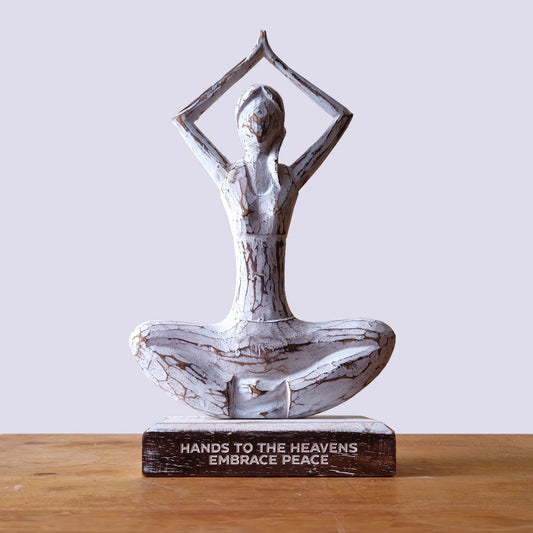 Wooden Yoga Lady – Whitewash – Hands Up Pose