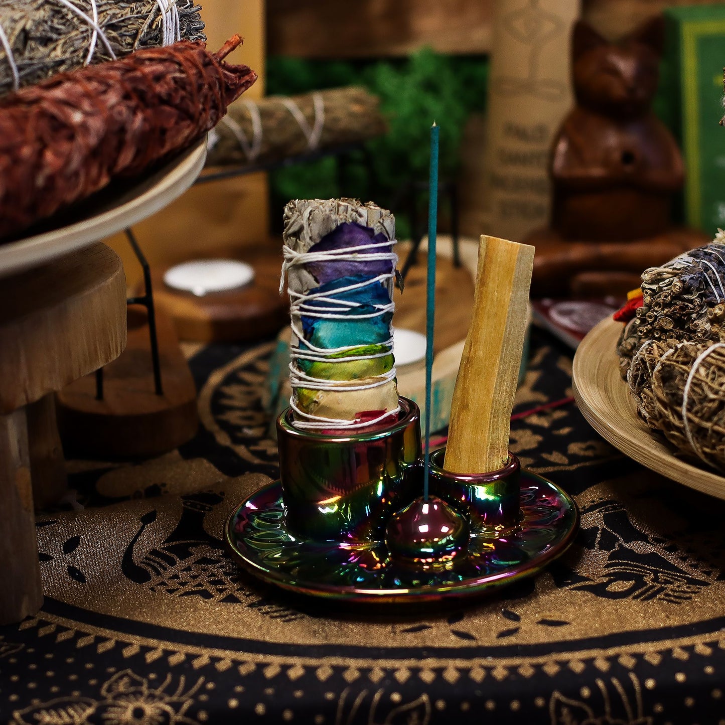Βάση Palo Santo & Smudge Metallic Rainbow | Κεραμική Μαντάλα