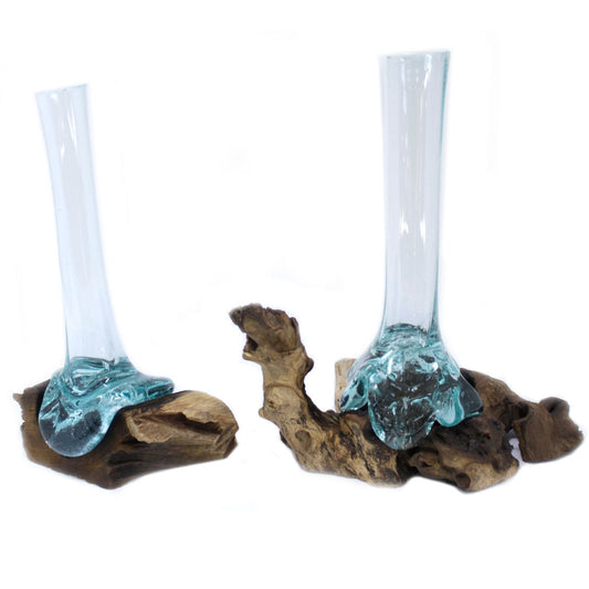 Χειροποίητο Βάζο από Λιωμένο Γυαλί σε Ξύλο – Minimal Art Decor